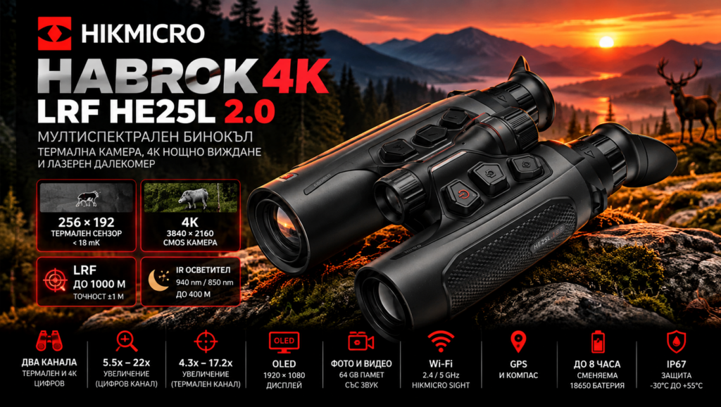 HIKMICRO HABROK 4K LRF HE25L 2.0 мултиспектрален бинокъл с термална камера и LRF до 1000 м