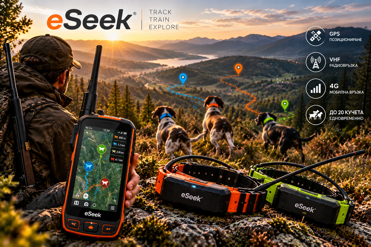 eSeek GPS система за проследяване на ловни кучета с VHF и 4G