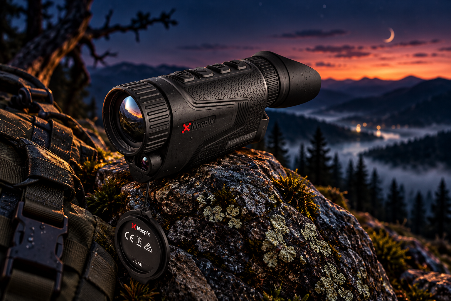 Термовизионен монокуляр Nocpix LUMI L35R с вграден лазерен далекомер върху скала в планината по здрач