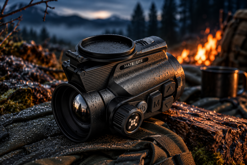 Термовизионна приставка Nocpix MATE LITE L38 с обектив 38 mm F1.0 върху мокра повърхност в нощна горска обстановка