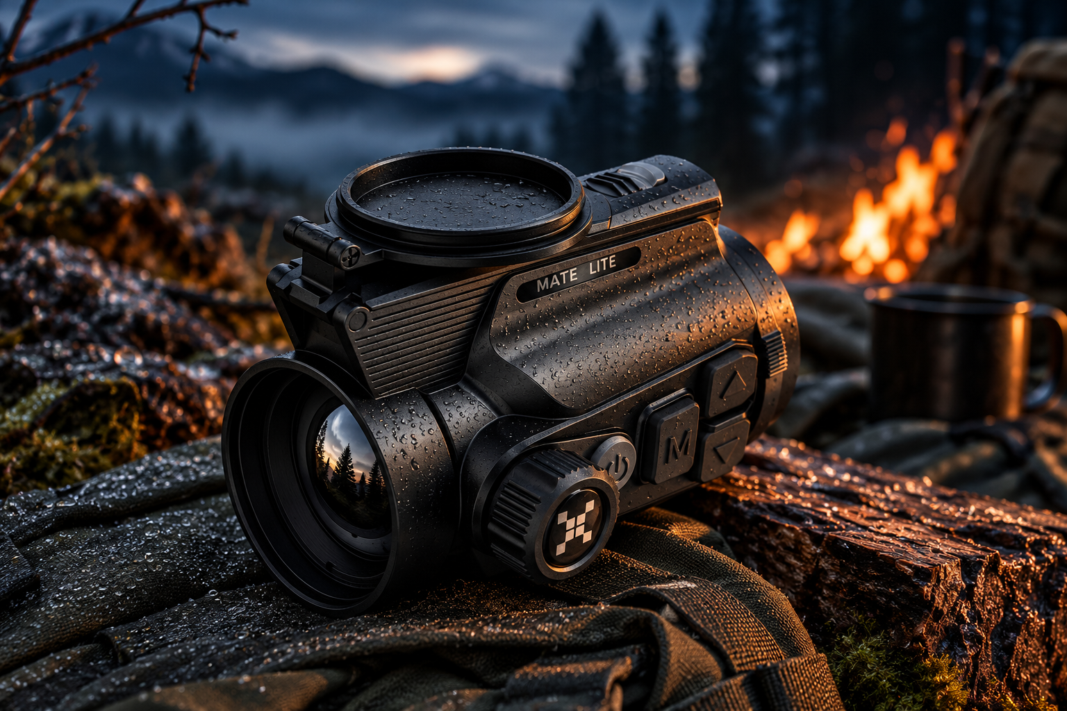 Термовизионна приставка Nocpix MATE LITE L38 с обектив 38 mm F1.0 върху мокра повърхност в нощна горска обстановка