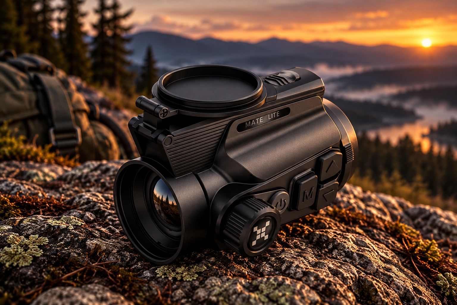 Термовизионна приставка Nocpix MATE LITE L38 с обектив 38 mm F1.0 върху скала в планината по залез